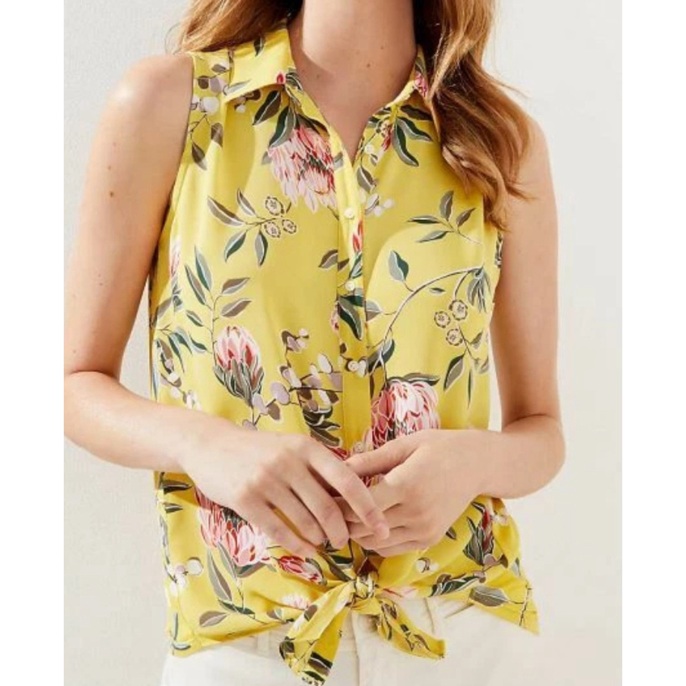 Women's LOFT Yellow Floral Sleeveless Button Down Mixed Media Shirt L